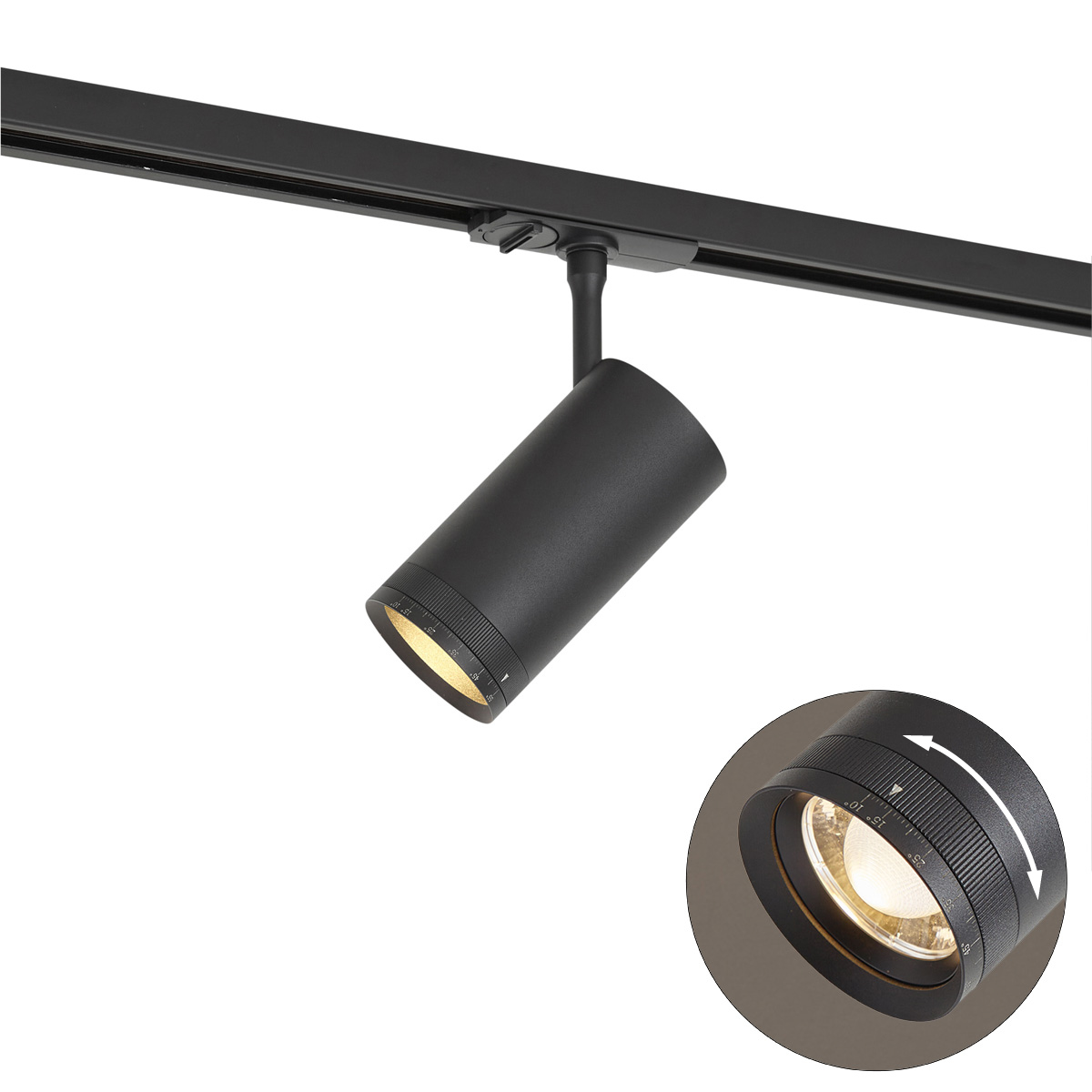 Modern fekete spotlámpa 1 fázisú sínrendszerhez, LED-del, forgatható és dönthető - Iconic Zoom